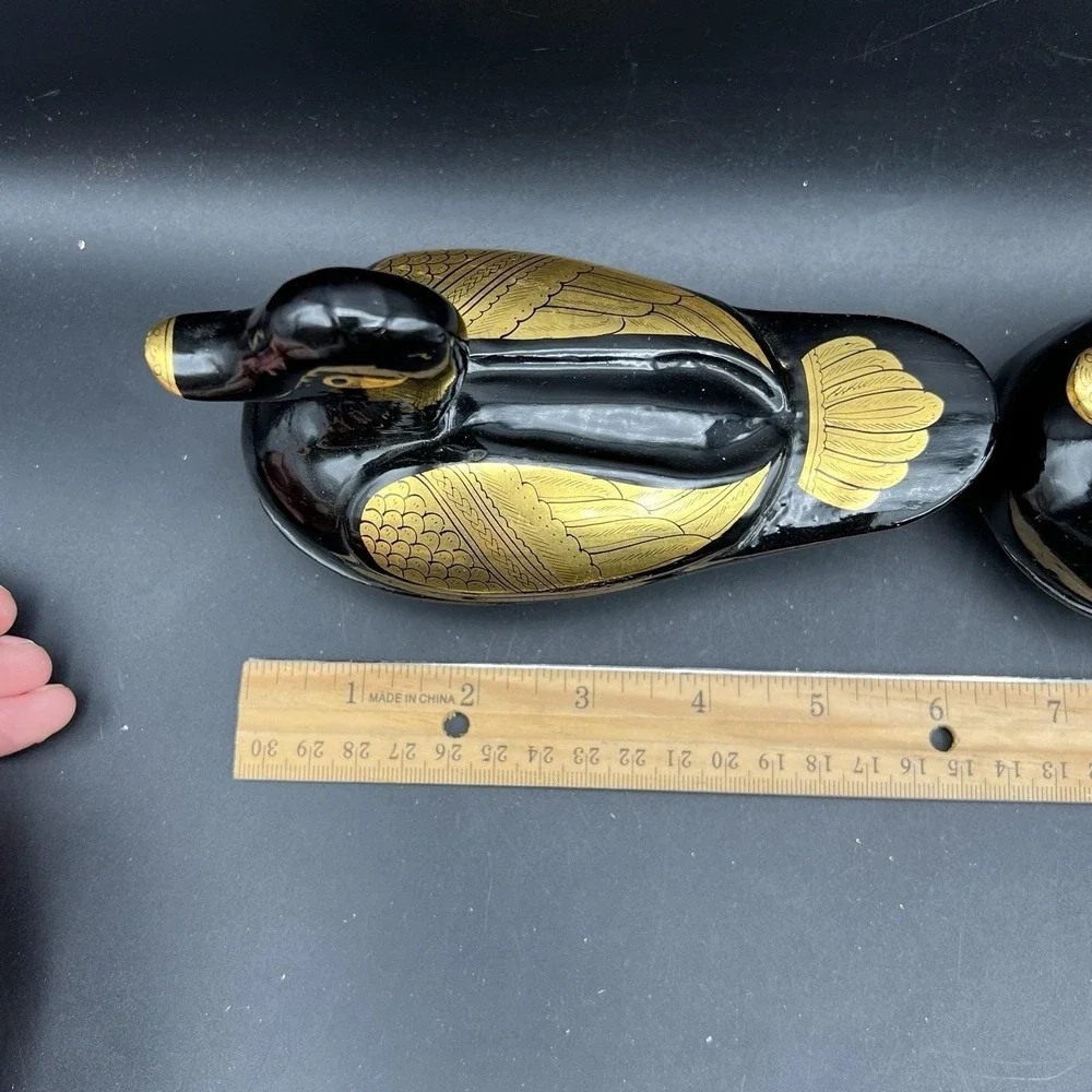Vintage Black And Gold Gilded Lacquered Duck Wood Trinket Box Set Family Of 3